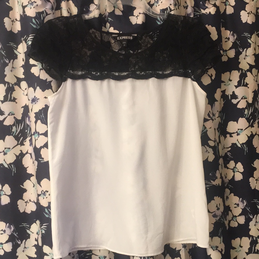 Express Black floral lace and white poly blouse